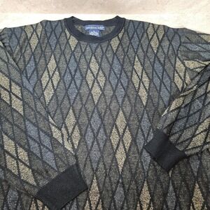 VTG Y2K‎ Northern Isles Sweater Mens XL Black Gold Diamond Argyle Knit Crewneck
